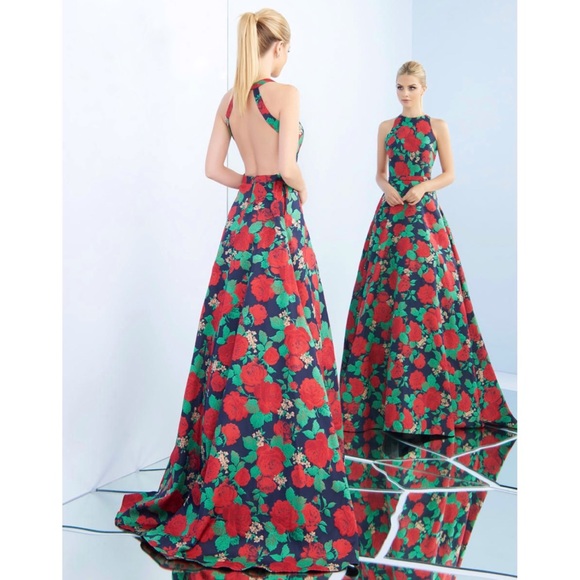 Ieena For Mac Duggal Floral High Neck A-Line Gown - Picture 7 of 7